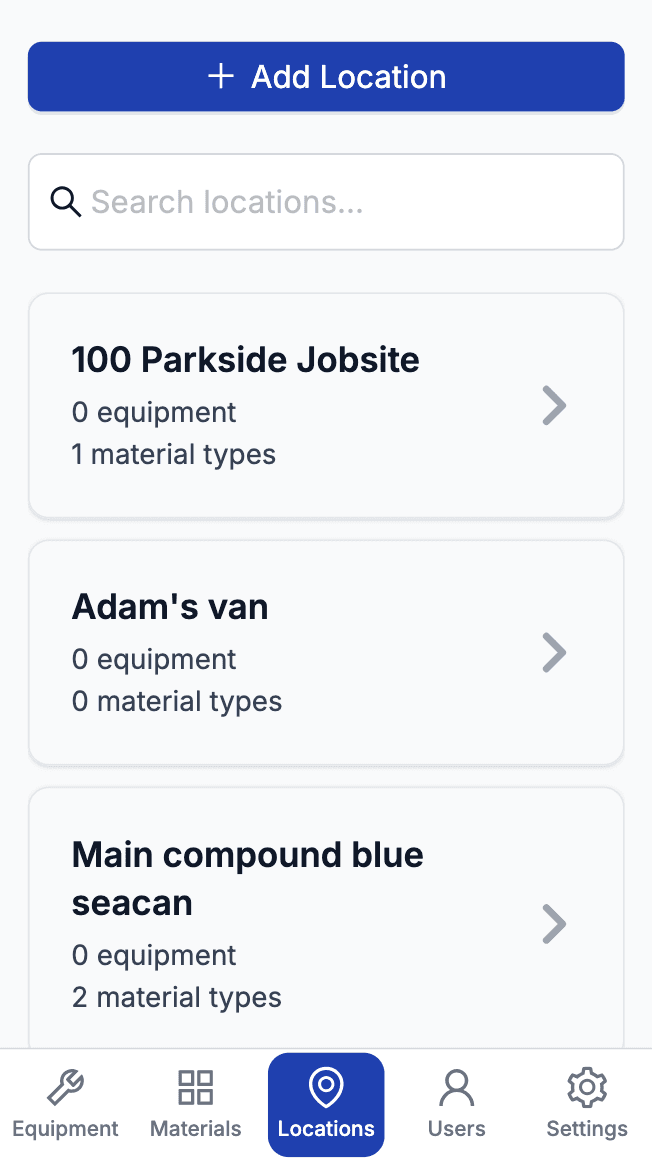 Locations management screen